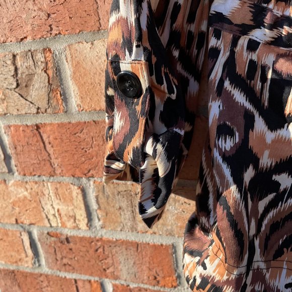 LAST CHANCE  Jacket Blazer Size Large Brown Black White Pattern Tie Waist Collar - Picture 3 of 9